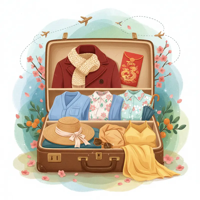Vali du lịch được sắp xếp ngăn nắp với trang phục đại diện cho 3 miền khí hậu