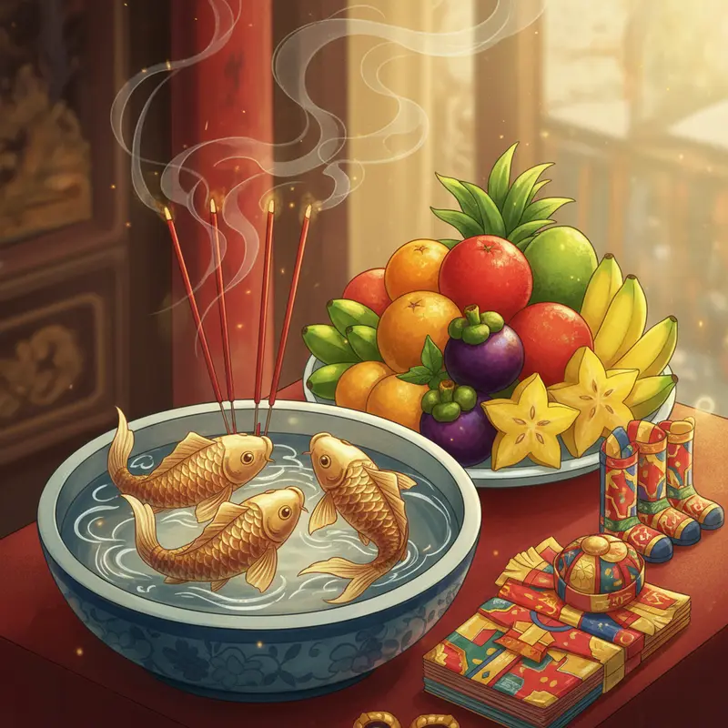 Mâm cúng ông Công ông Táo với cá chép vàng chuẩn bị tiễn về trời.