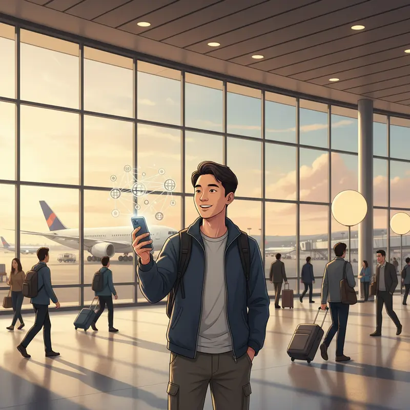 Hình ảnh du khách vui vẻ sử dụng điện thoại tại sân bay quốc tế với máy bay ở phía sau, thể hiện sự kết nối thành công.