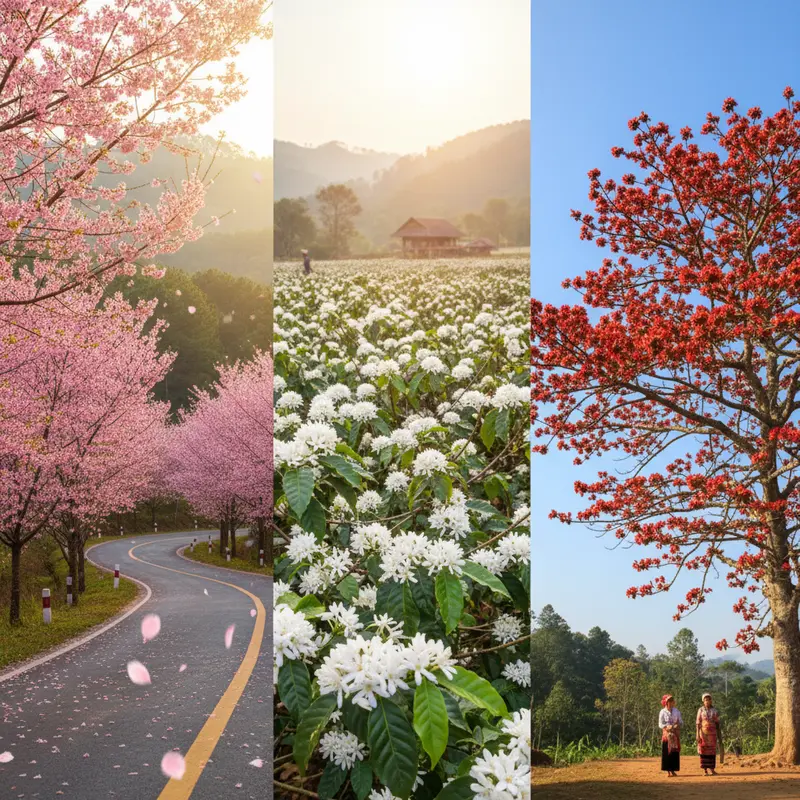 Ảnh ghép nghệ thuật ba cảnh quan đặc trưng mùa xuân tại Đà Lạt, Đắk Lắk và Gia Lai