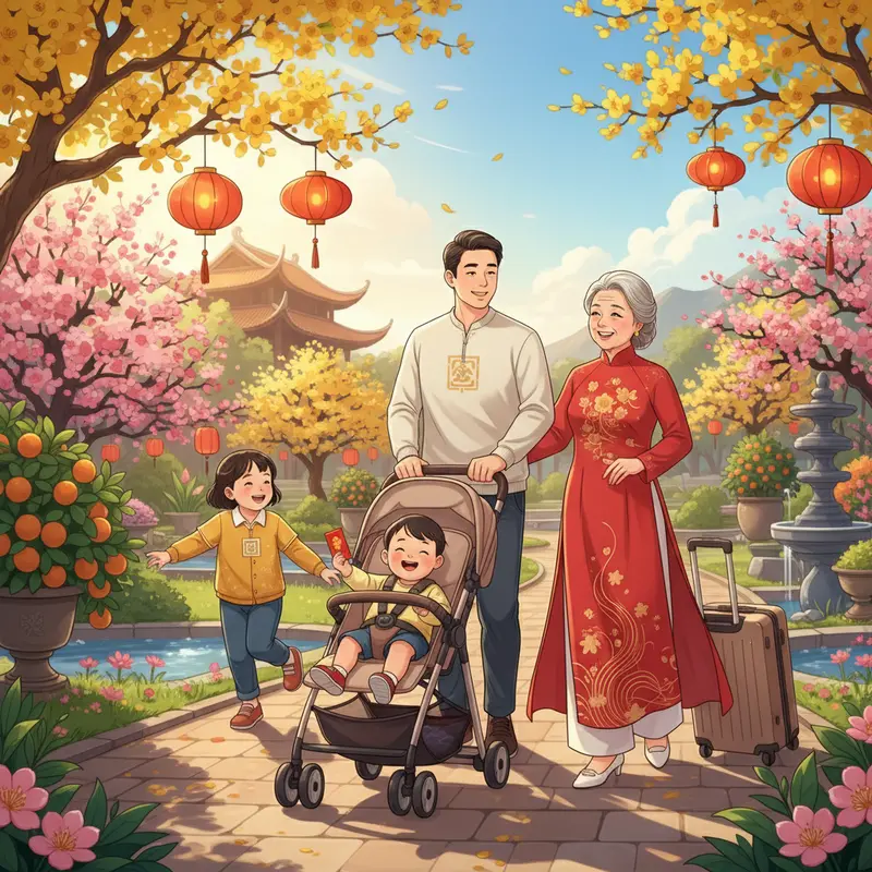 Gia đình ba thế hệ đi du lịch Tết vui vẻ tại khu nghỉ dưỡng