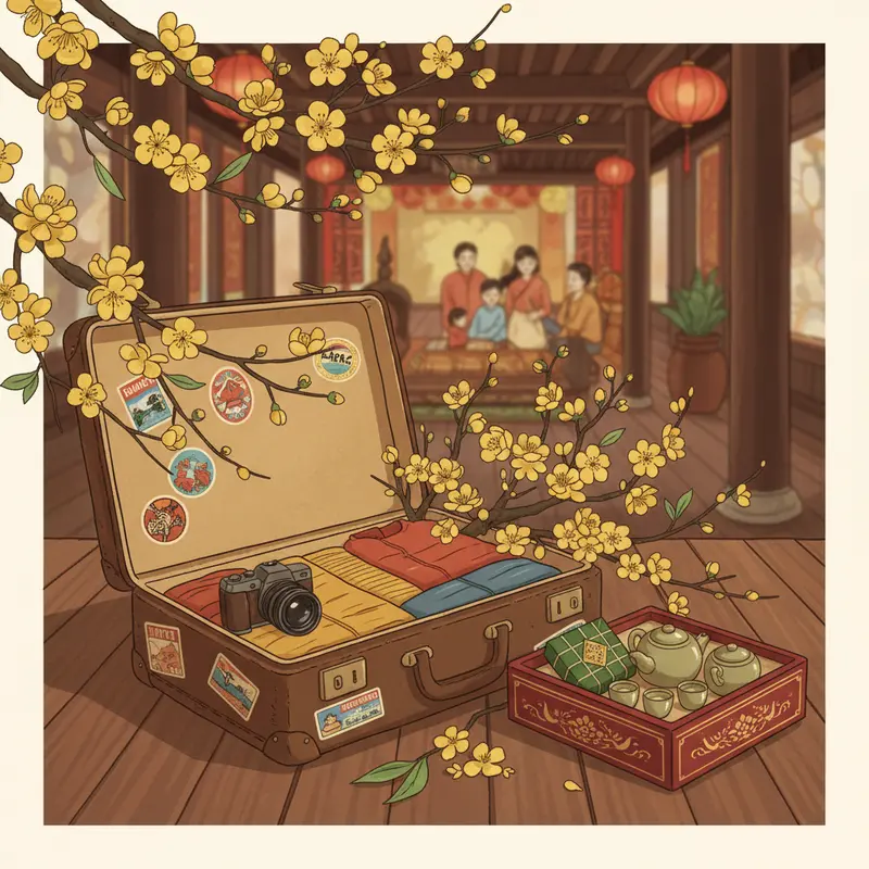 Vali hành lý du lịch cùng hộp quà Tết và cành hoa mai vàng trên sàn gỗ