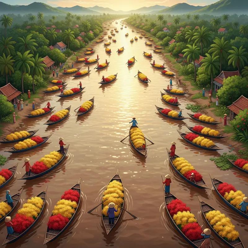 Ghe thuyền chở hoa tấp nập trên dòng sông Tiền báo hiệu Tết về.