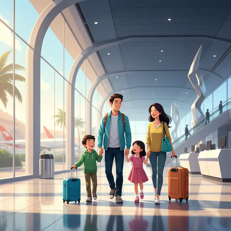 Gia đình châu Á hạnh phúc kéo vali đi trong nhà ga sân bay ngập nắng.