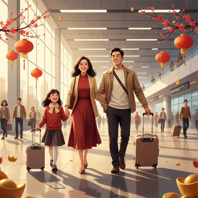 Gia đình Việt Nam vui vẻ kéo vali đi du lịch tại sân bay quốc tế dịp Tết