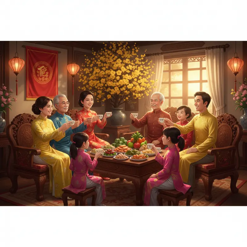 Đại gia đình ba thế hệ mặc áo dài truyền thống quây quần bên mâm cỗ Tết.