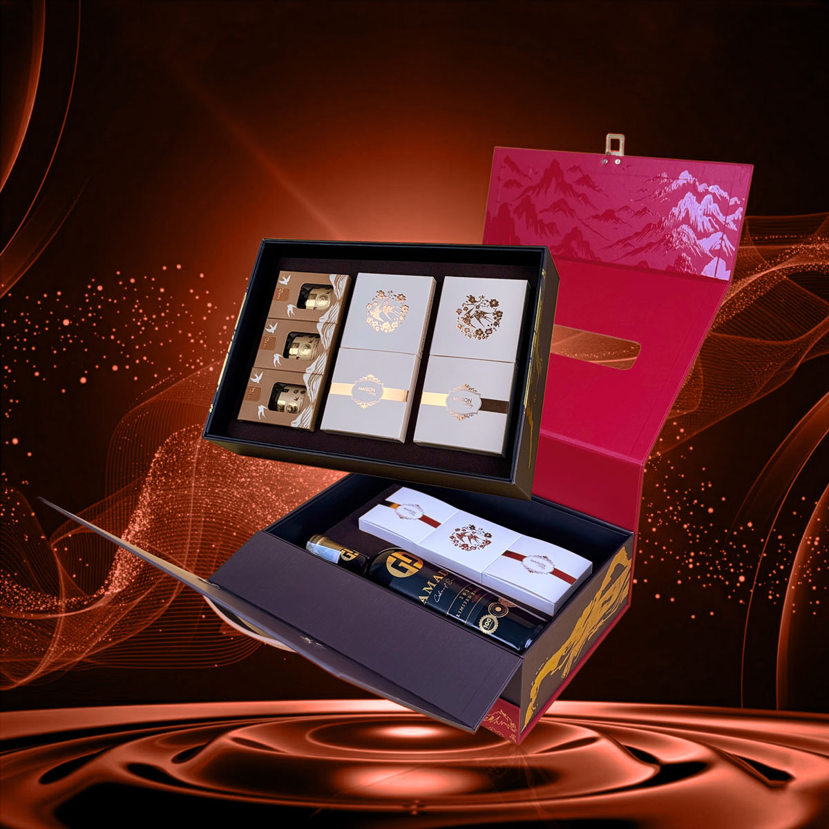 Hộp quà Tết La Casta Maison Luxury: Thiết kế vali 2 tầng Đỏ - Đen sang trọng, họa tiết non sông gấm vóc. Đa dạng quà tặng cao cấp: rượu vang, yến sào, nấm mối, hạt, trà.