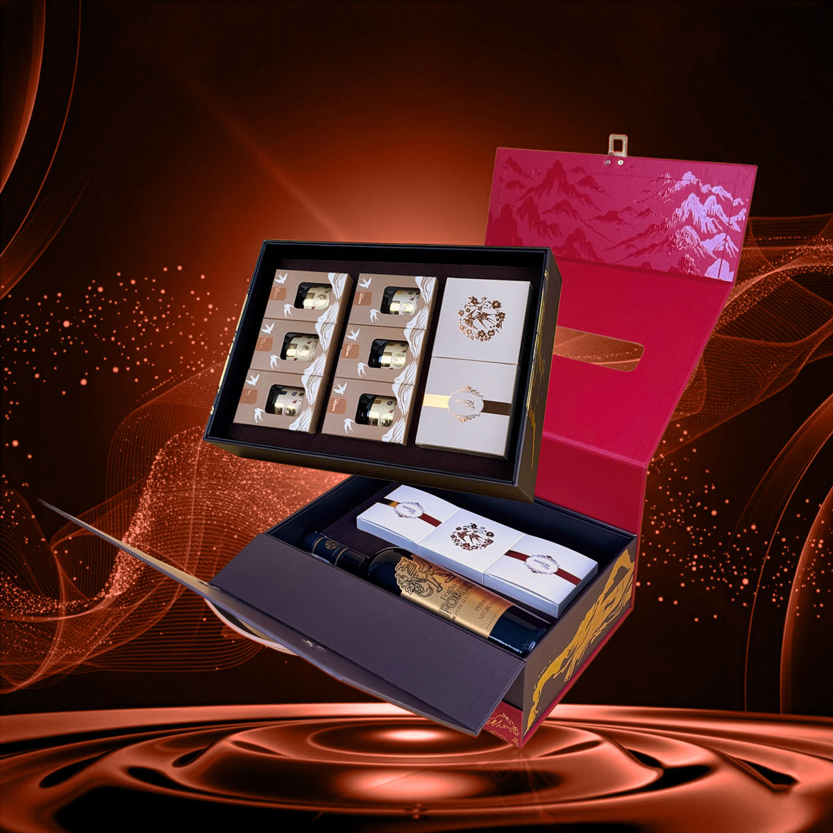 Hộp quà Tết La Casta Maison Luxury: Thiết kế vali 2 tầng Đỏ - Đen sang trọng, họa tiết non sông gấm vóc. Đa dạng quà tặng cao cấp: rượu vang, yến sào, nấm mối, hạt, trà.