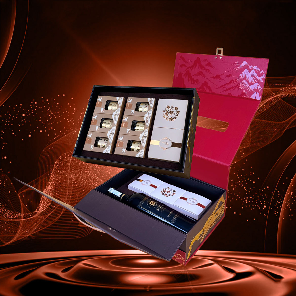 Hộp quà Tết La Casta Maison Luxury: Thiết kế vali 2 tầng Đỏ - Đen sang trọng, họa tiết non sông gấm vóc. Đa dạng quà tặng cao cấp: rượu vang, yến sào, nấm mối, hạt, trà.