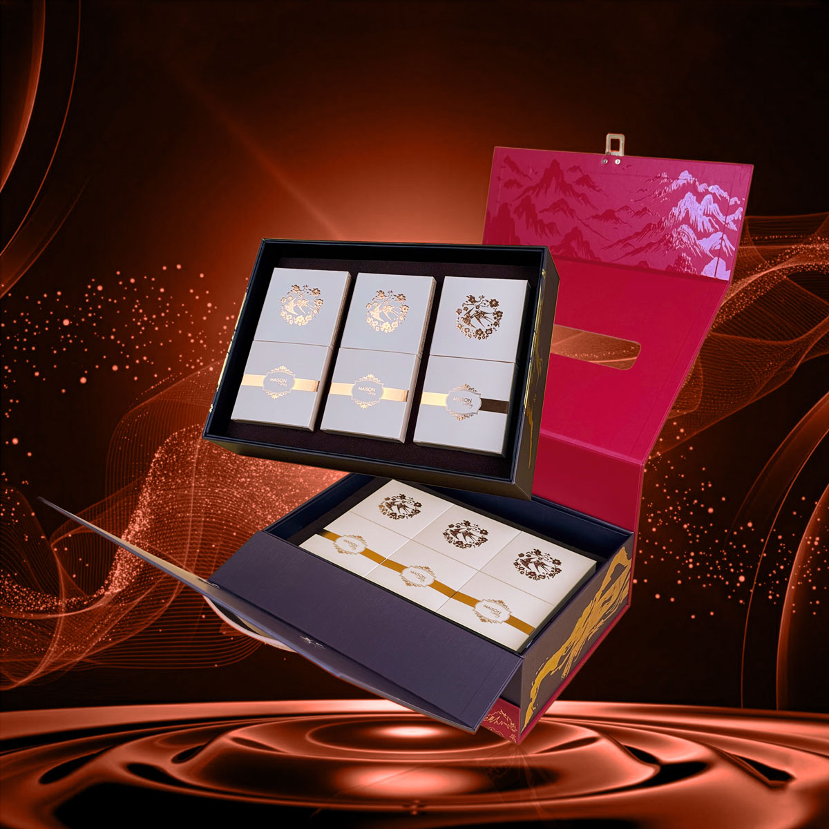 Hộp quà Tết La Casta Maison Luxury: Thiết kế vali 2 tầng Đỏ - Đen sang trọng, họa tiết non sông gấm vóc. Đa dạng quà tặng cao cấp: rượu vang, yến sào, nấm mối, hạt, trà.