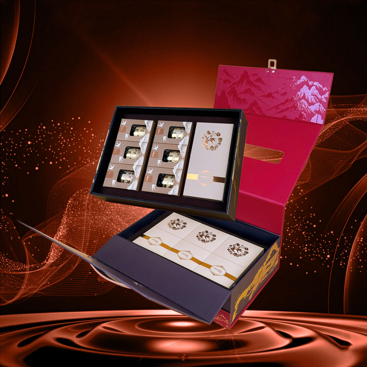 Hộp quà Tết La Casta Maison Luxury: Thiết kế vali 2 tầng Đỏ - Đen sang trọng, họa tiết non sông gấm vóc. Đa dạng quà tặng cao cấp: rượu vang, yến sào, nấm mối, hạt, trà.