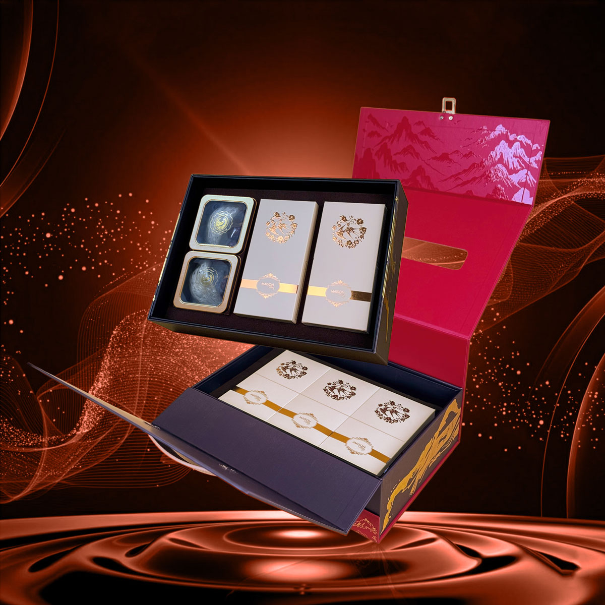 Hộp quà Tết La Casta Maison Luxury: Thiết kế vali 2 tầng Đỏ - Đen sang trọng, họa tiết non sông gấm vóc. Đa dạng quà tặng cao cấp: rượu vang, yến sào, nấm mối, hạt, trà.