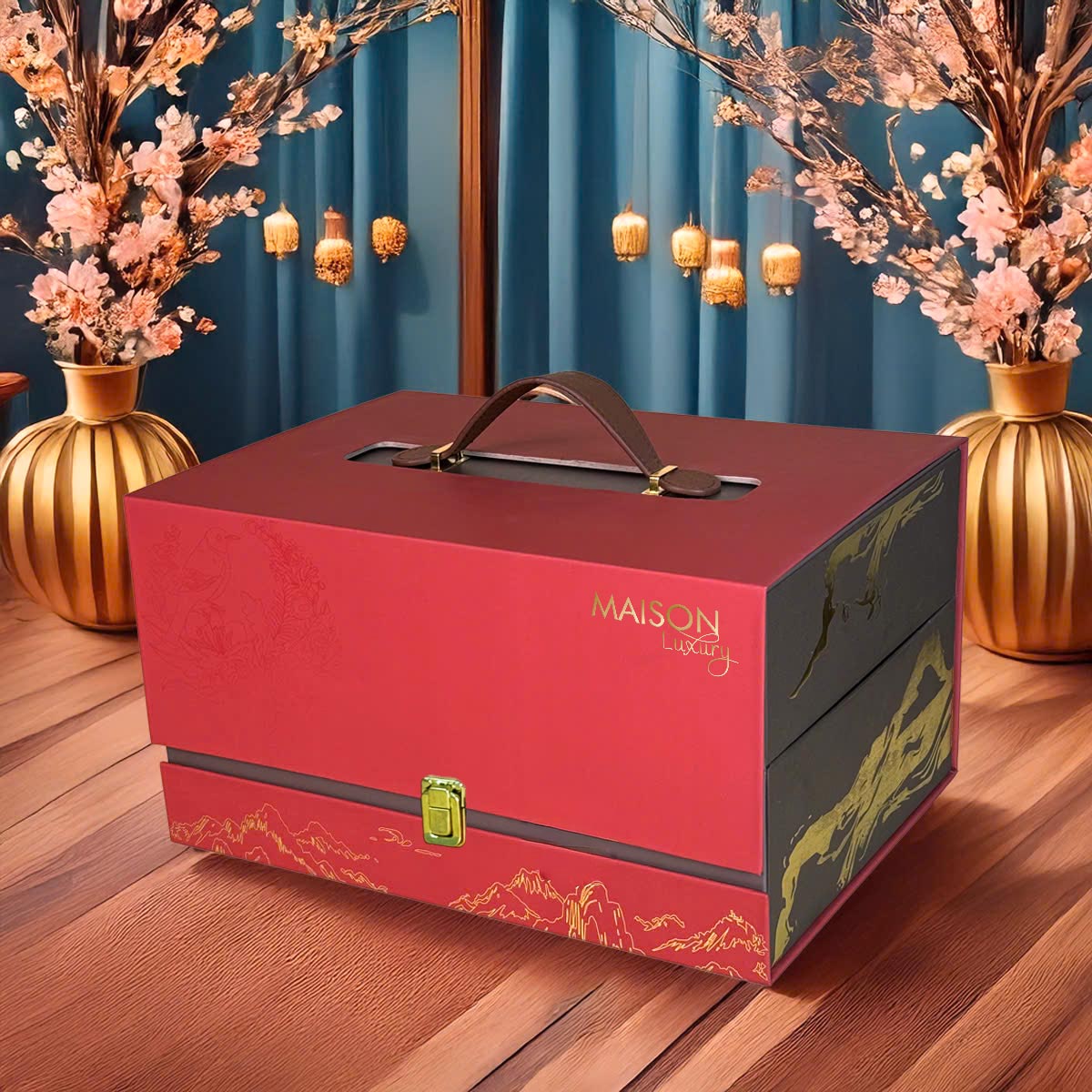 Hộp quà Tết La Casta Maison Luxury: Thiết kế vali 2 tầng Đỏ - Đen sang trọng, họa tiết non sông gấm vóc. Đa dạng quà tặng cao cấp: rượu vang, yến sào, nấm mối, hạt, trà.