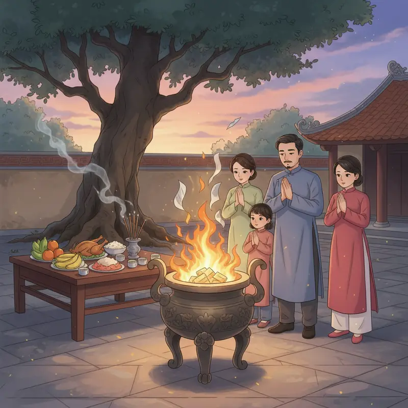 Mâm cúng ông Công ông Táo với cá chép vàng chuẩn bị tiễn về trời.