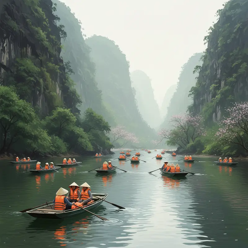 Dòng suối Yến tấp nập thuyền bè đưa du khách trẩy hội Chùa Hương.