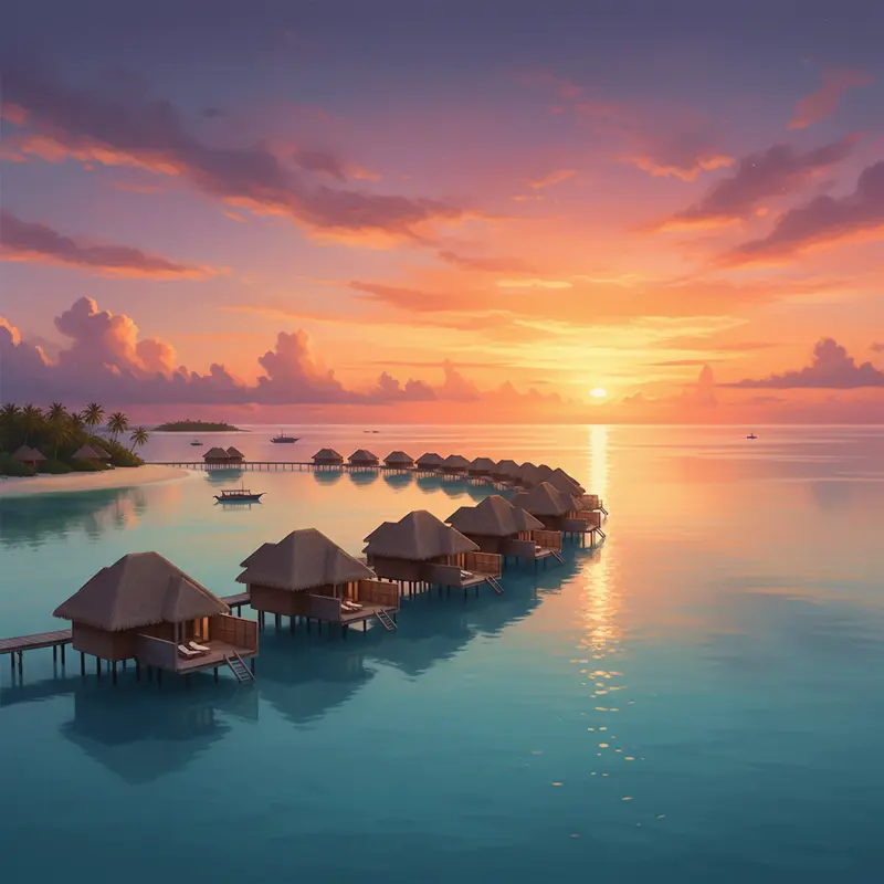 Toàn cảnh hoàng hôn tại khu resort biệt thự trên biển Maldives
