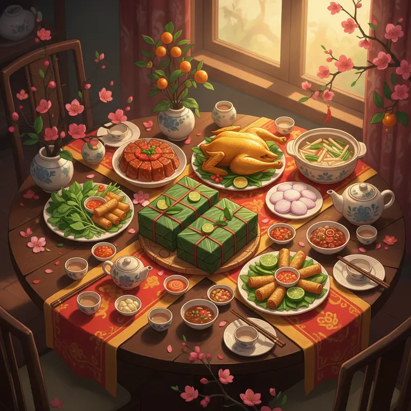 Hình ảnh mâm cỗ Tết Việt Nam với nhiều món ăn truyền thống