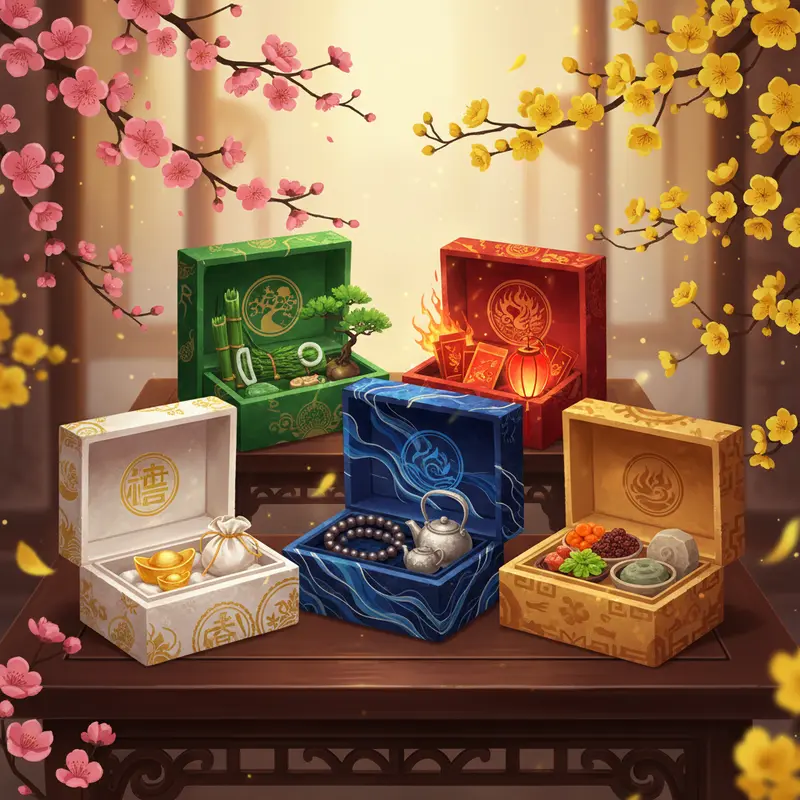 Hình ảnh đại diện 5 hộp quà tết tượng trưng cho ngũ hành Kim Mộc Thủy Hỏa Thổ