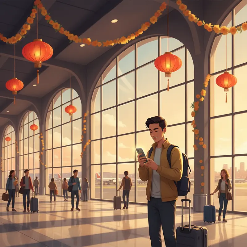 Khung cảnh sân bay quốc tế nhộn nhịp dịp Tết với hành khách đang kiểm tra điện thoại một cách vui vẻ.