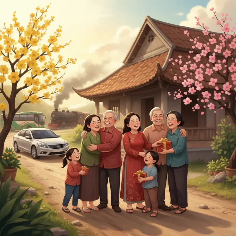 Gia đình Việt Nam đoàn tụ ngày Tết trước ngôi nhà truyền thống với hoa mai và hoa đào