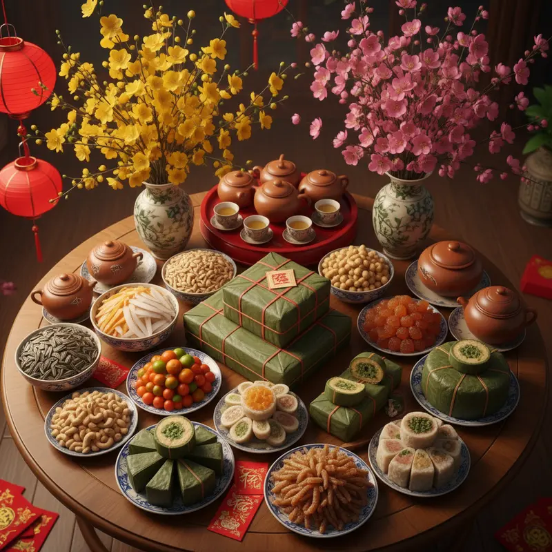 Hình ảnh tổng hợp các món quà đặc sản ngày Tết trên bàn gỗ với hoa mai và hoa đào.