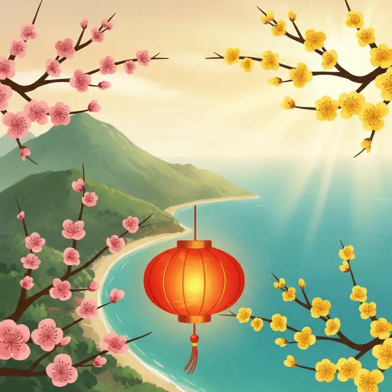 Hình ảnh tổng hợp biểu tượng Tết Việt với hoa đào, hoa mai và phong cảnh du lịch tuyệt đẹp.