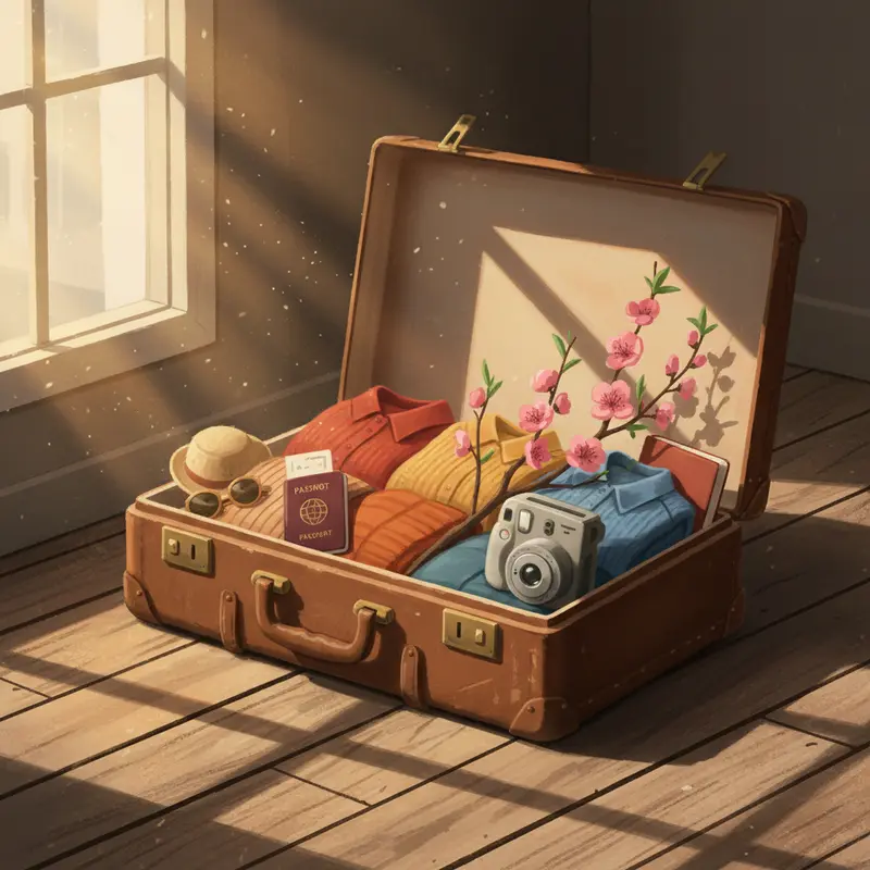 Vali du lịch đã đóng gói xong đặt cạnh cành đào ngày Tết dưới ánh nắng