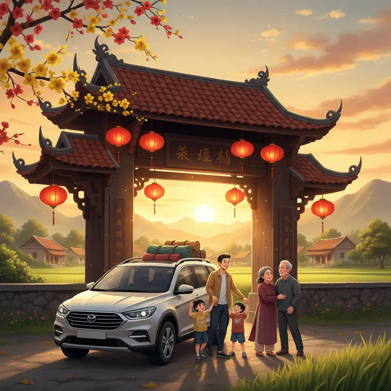 Gia đình bước xuống xe ô tô trước cổng làng trang trí đèn lồng đỏ, được ông bà đón chào ngày Tết.