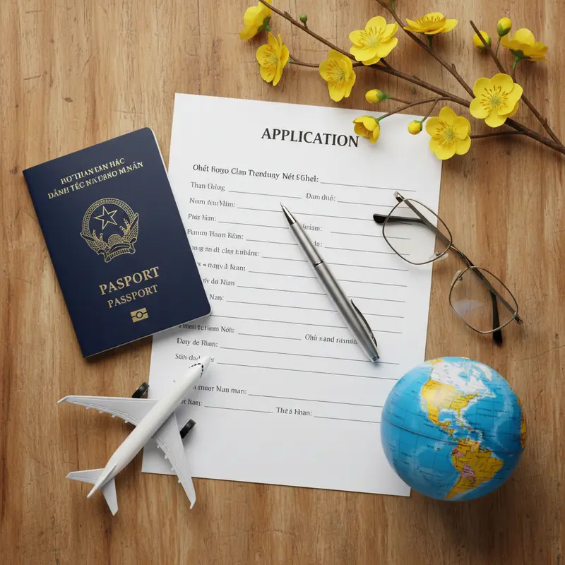 Sắp đặt hộ chiếu, đơn xin visa và hoa mai vàng biểu tượng cho du lịch dịp Tết