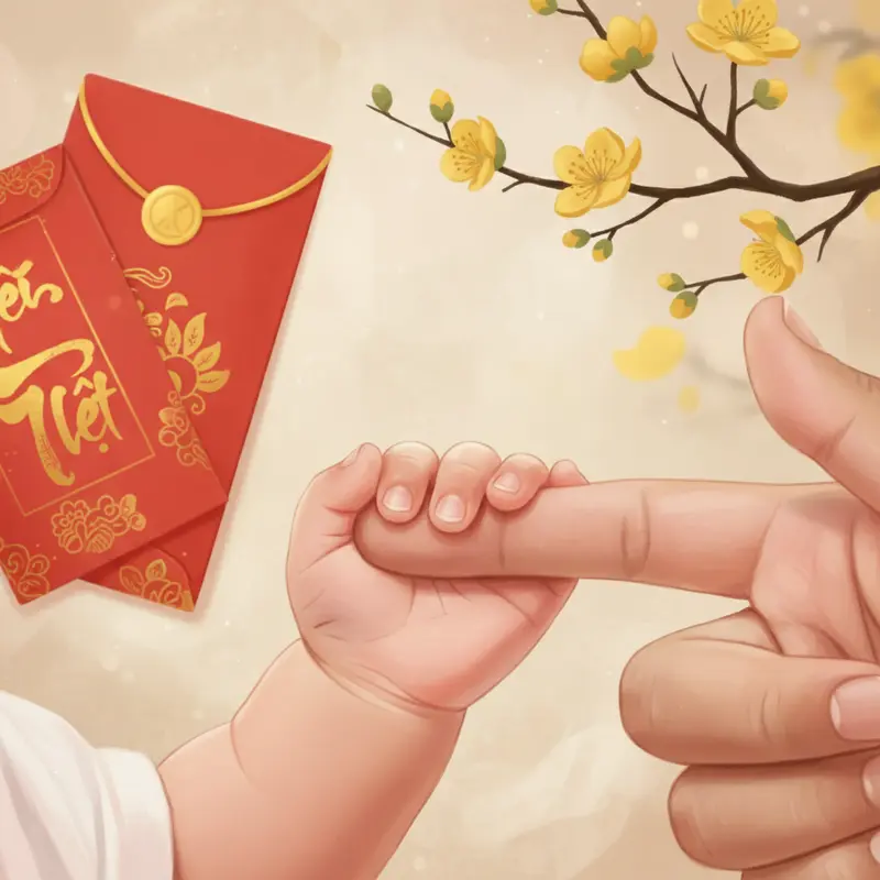 Bàn tay em bé nắm ngón tay cha mẹ trên nền hoa mai ngày Tết