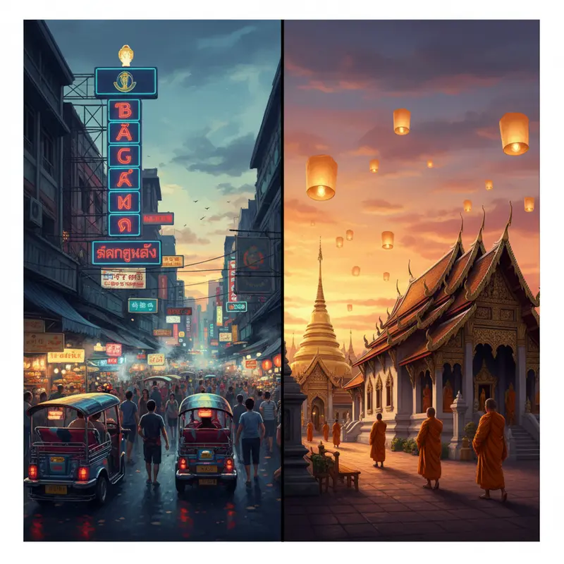 Sự đối lập giữa sự náo nhiệt của Bangkok và vẻ bình yên của Chiang Mai.