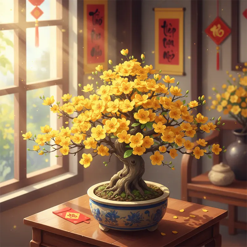 Hình ảnh cây mai vàng bonsai nở rộ trong chậu gốm sang trọng.