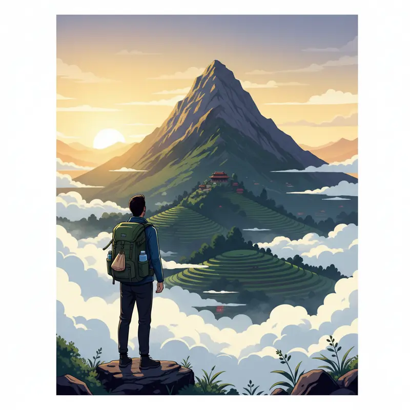 Cảnh bình minh rực rỡ trên đỉnh núi với bóng người leo núi đeo ba lô gọn nhẹ