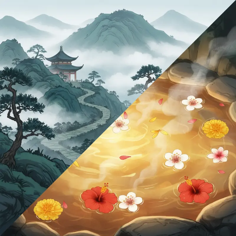 Hình ảnh nghệ thuật chia đôi giữa cảnh chùa trên núi và mặt nước suối khoáng nóng