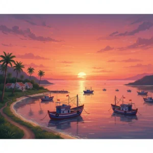 Cảnh hoàng hôn rực rỡ trên bến cảng đảo Phú Quý với tàu thuyền neo đậu