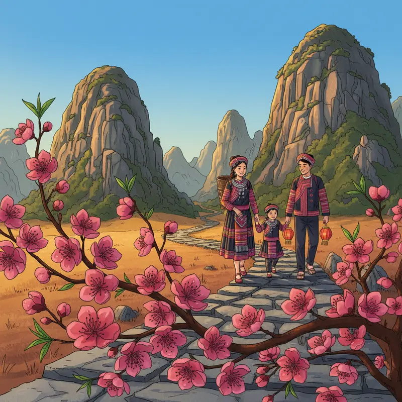 Cành đào nở rộ trước khung cảnh gia đình người H'Mông đi du xuân trên cao nguyên đá Hà Giang.