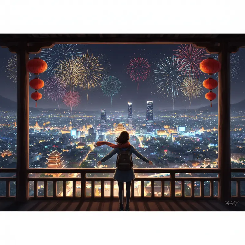 Người du lịch đứng ngắm pháo hoa Tết từ trên cao nhìn từ phía sau