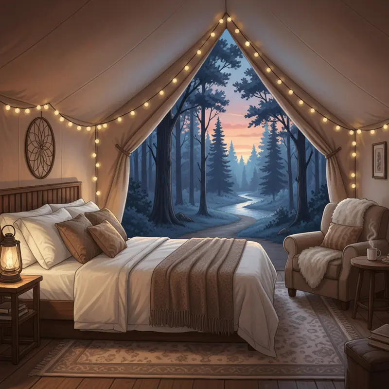 Không gian bên trong lều Glamping với tiện nghi như khách sạn.