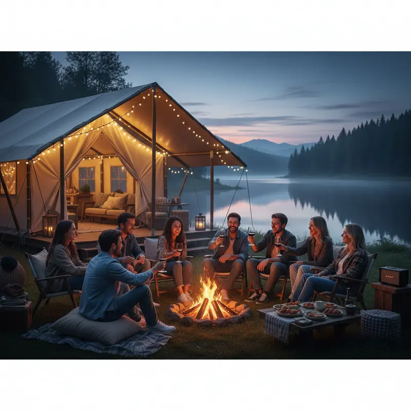 Nhóm bạn trẻ ngồi quanh đống lửa trại tại khu glamping sang trọng ven hồ vào buổi tối.