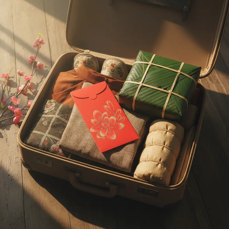 Vali hành lý Tết chứa bánh chưng, giò chả và phong bao lì xì đỏ