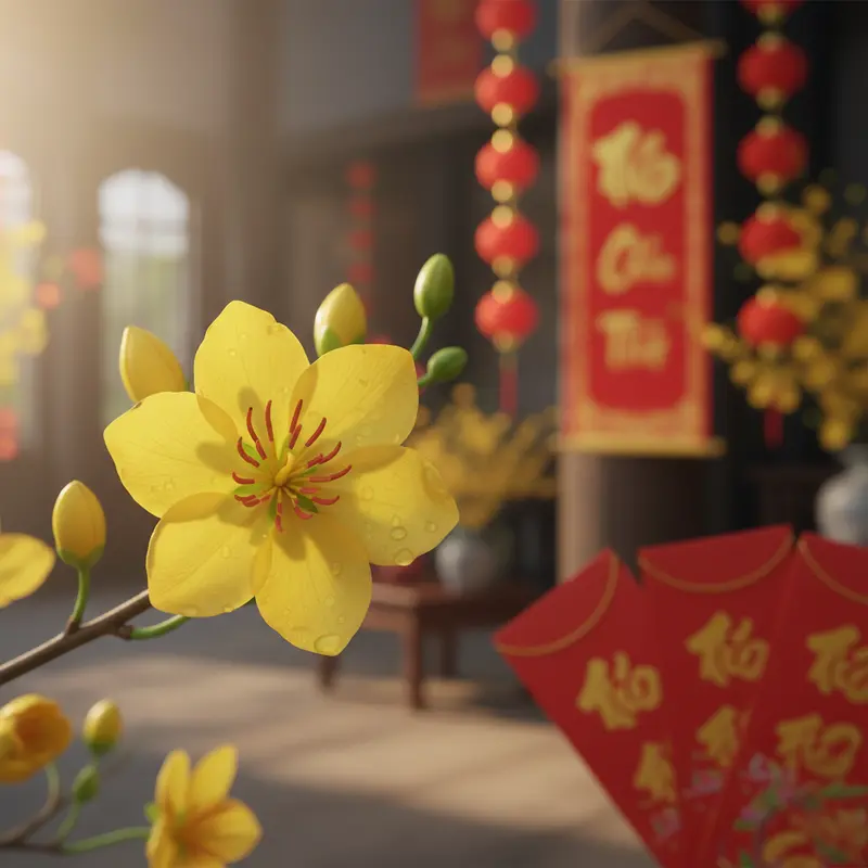 Sắc vàng hoa mai là biểu tượng của sự thịnh vượng và may mắn ngày Tết.