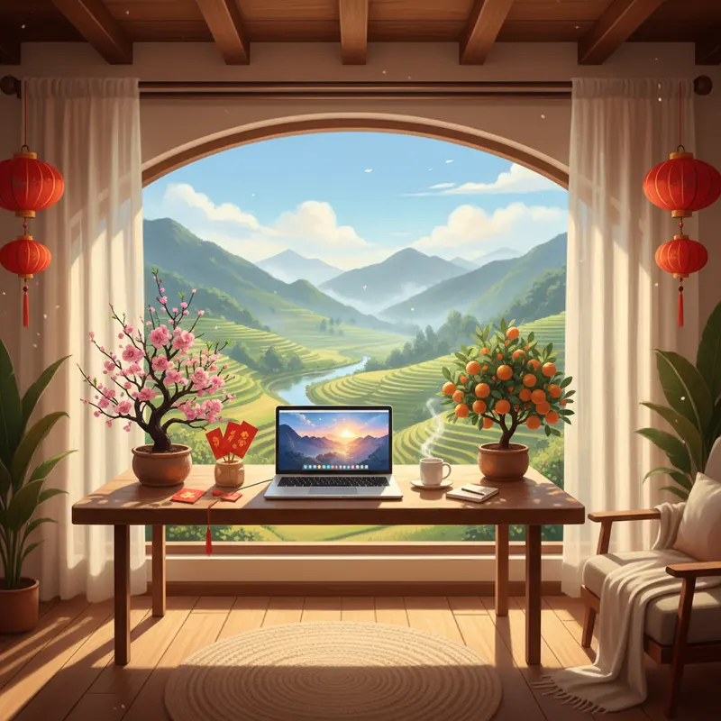 Laptop và hoa đào trên bàn làm việc tại homestay có view thiên nhiên