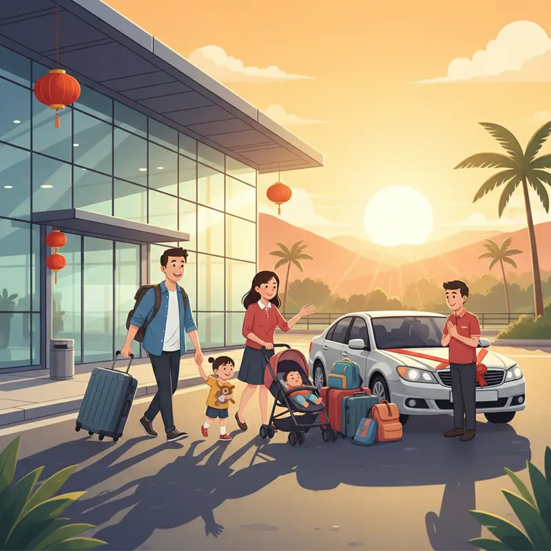 Gia đình vui vẻ rời sân bay trong nắng sớm ngày Mùng 1 Tết, xe đón chờ sẵn.