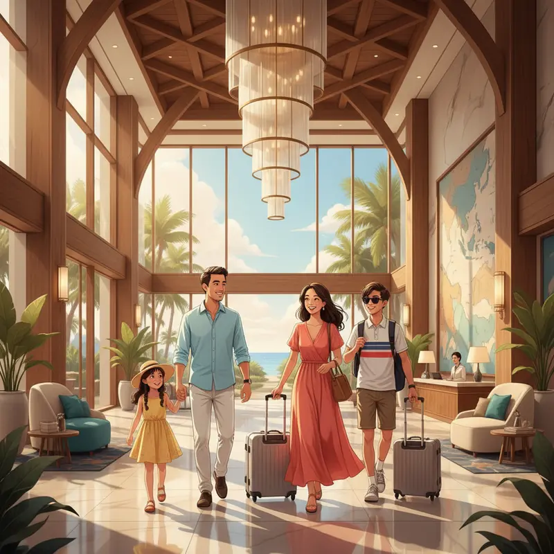 Gia đình hạnh phúc kéo vali trong sảnh khách sạn sang trọng.