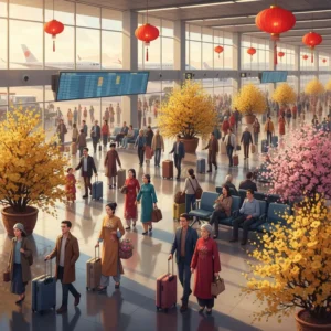 Khung cảnh sảnh sân bay trang trí hoa Tết với hành khách đang di chuyển.
