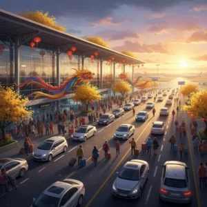 Khung cảnh sảnh sân bay trang trí hoa mai vàng và lồng đèn đỏ trong dịp Tết.