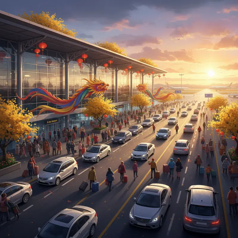 Khung cảnh sảnh sân bay trang trí hoa mai vàng và lồng đèn đỏ trong dịp Tết.