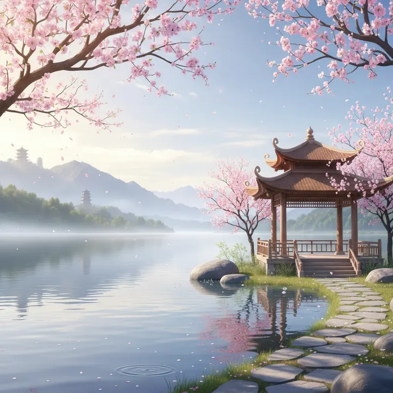 Khung cảnh mùa xuân yên bình tại Việt Nam với hoa mai và hồ nước tĩnh lặng.