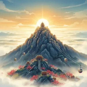 Toàn cảnh núi Bà Đen nhìn từ trên cao trong sương sớm và ánh nắng bình minh