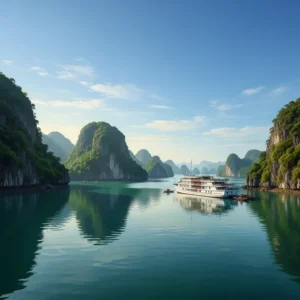 Toàn cảnh vịnh Lan Hạ với nước biển xanh ngọc, các đảo đá vôi phủ cây xanh và du thuyền đang neo đậu.